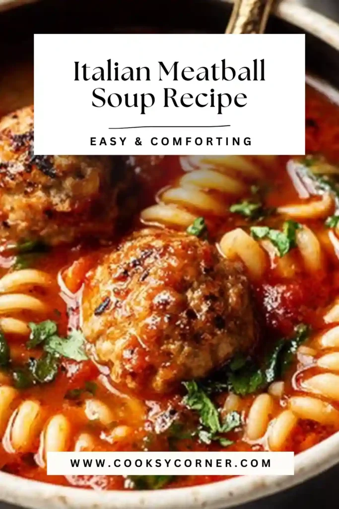 Italian Meatball Soup served in a bowl with beef meatballs, pasta, and tomato broth, garnished with fresh basil.