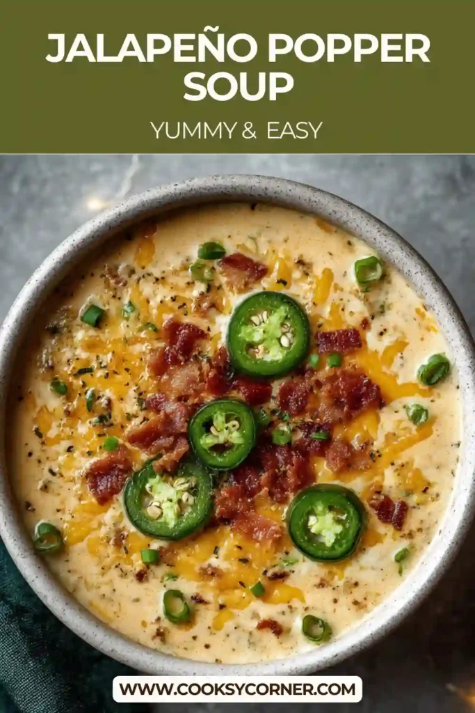 Creamy jalapeño popper soup topped with cheddar cheese and turkey bacon.