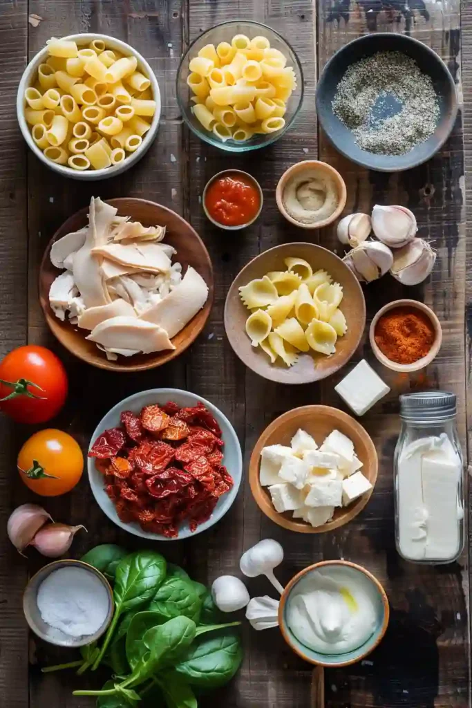 Homemade creamy chicken soup with sun-dried tomatoes and pasta served hot.