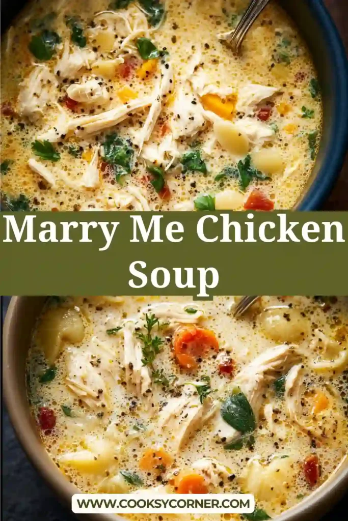 Creamy marry me chicken soup with pasta, sun-dried tomatoes, spinach, and parmesan cheese in a warm, rich broth.