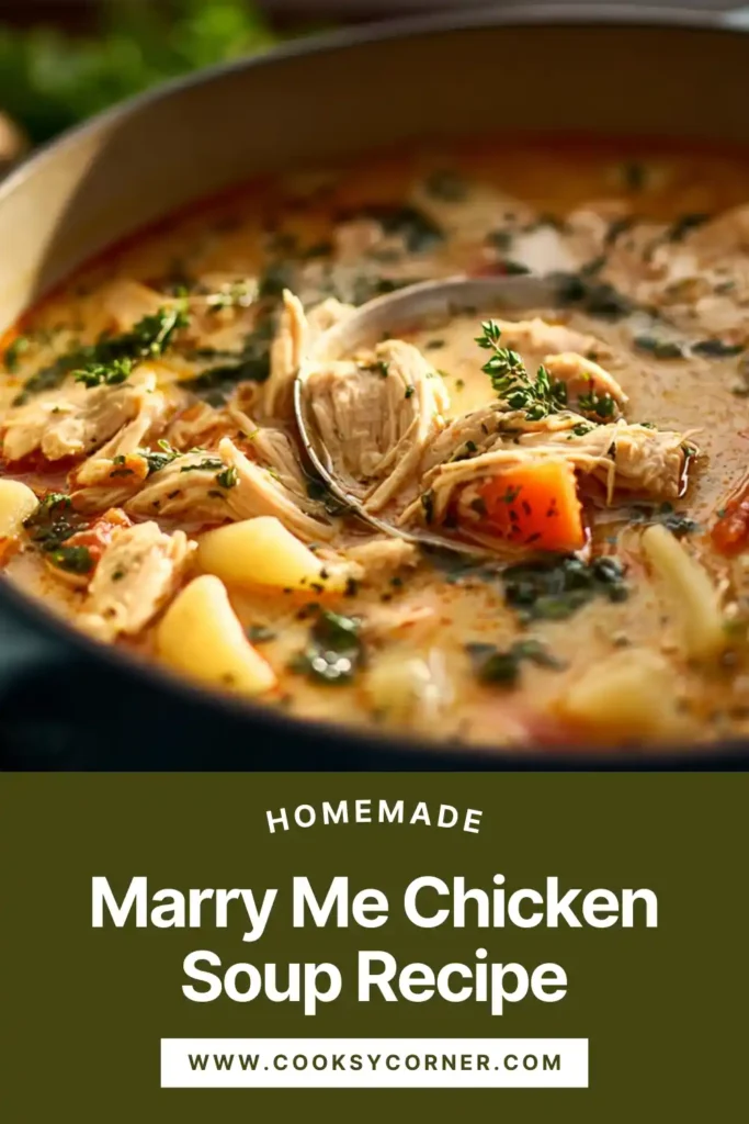 A creamy bowl of Marry Me Chicken Soup with pasta, spinach, and sun-dried tomatoes, served warm and garnished with Parmesan.