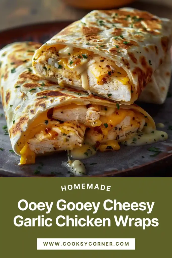 Cheesy garlic chicken wraps served fresh from the skillet with parsley garnish. Melted mozzarella and cheddar visible inside.