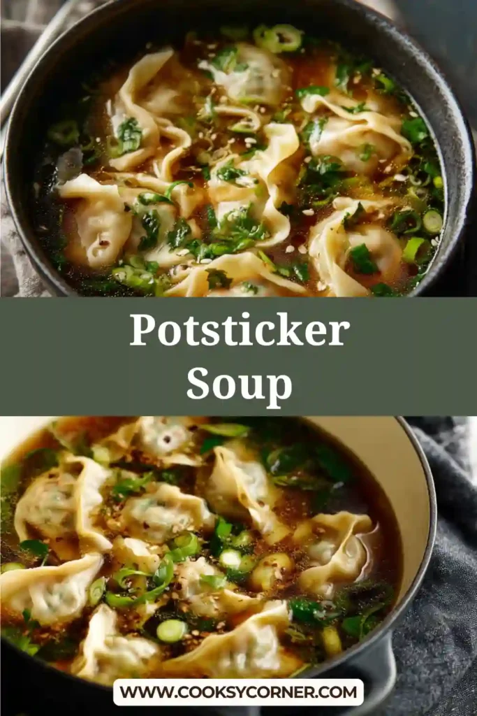 Steamy potsticker soup served with plump dumplings, rich vegetable broth, and bright green bok choy.