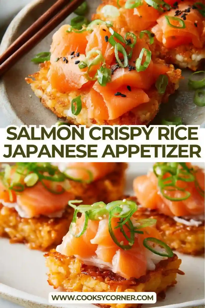 Close-up of crispy rice squares topped with spicy salmon mixture and jalapeño slices. A sushi-inspired Salmon Crispy Rice presentation.