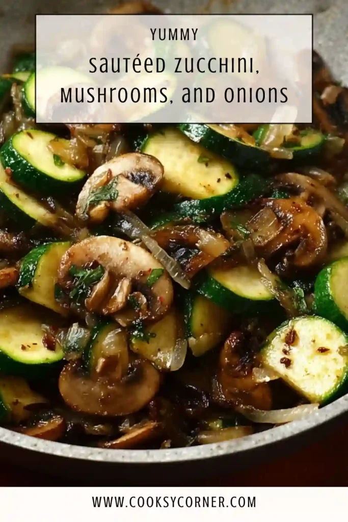 Close-up of sautéed zucchini and mushrooms with onions in a skillet, showing tender vegetables and light seasoning.