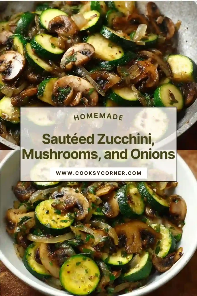 Sautéed zucchini, mushrooms, and onions cooked in olive oil and served warm as a healthy vegetable side dish.