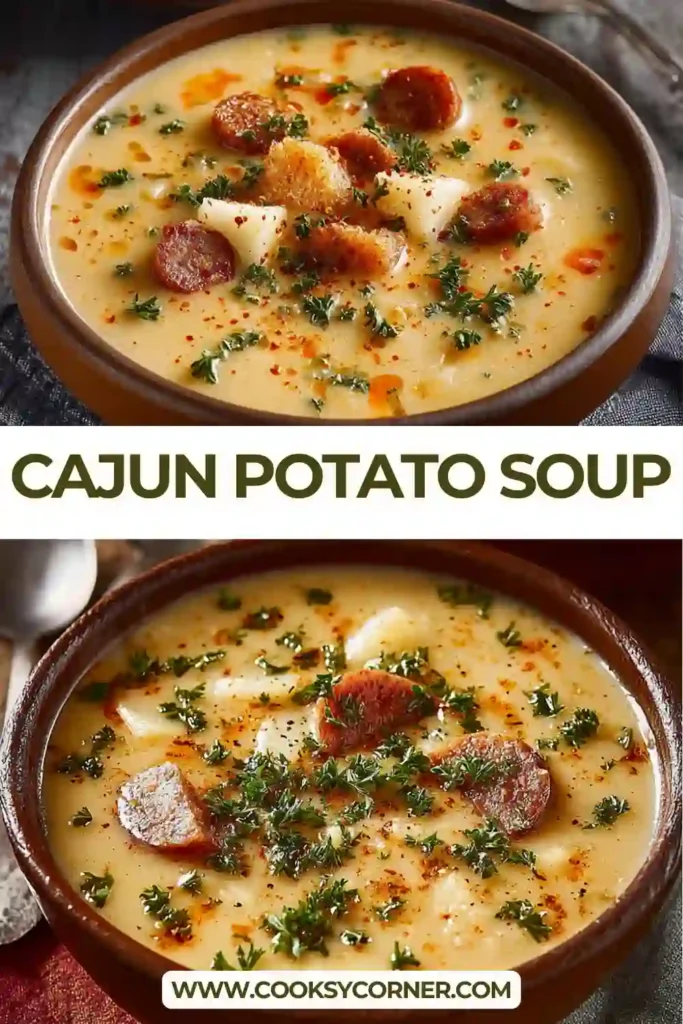 Slow cooker Cajun potato soup served hot with green onions and cheddar cheese. The creamy soup features tender potatoes and rich Cajun seasoning.