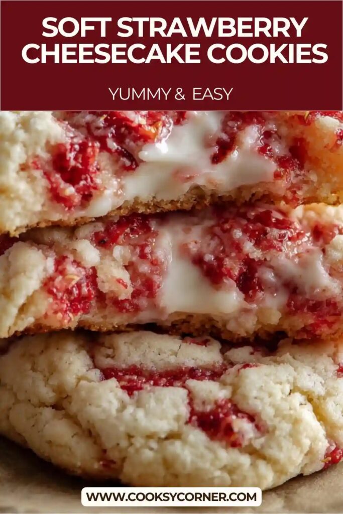 Close-up of soft sugar cookies filled with strawberries and cream cheese — an irresistible strawberry cookie recipe.