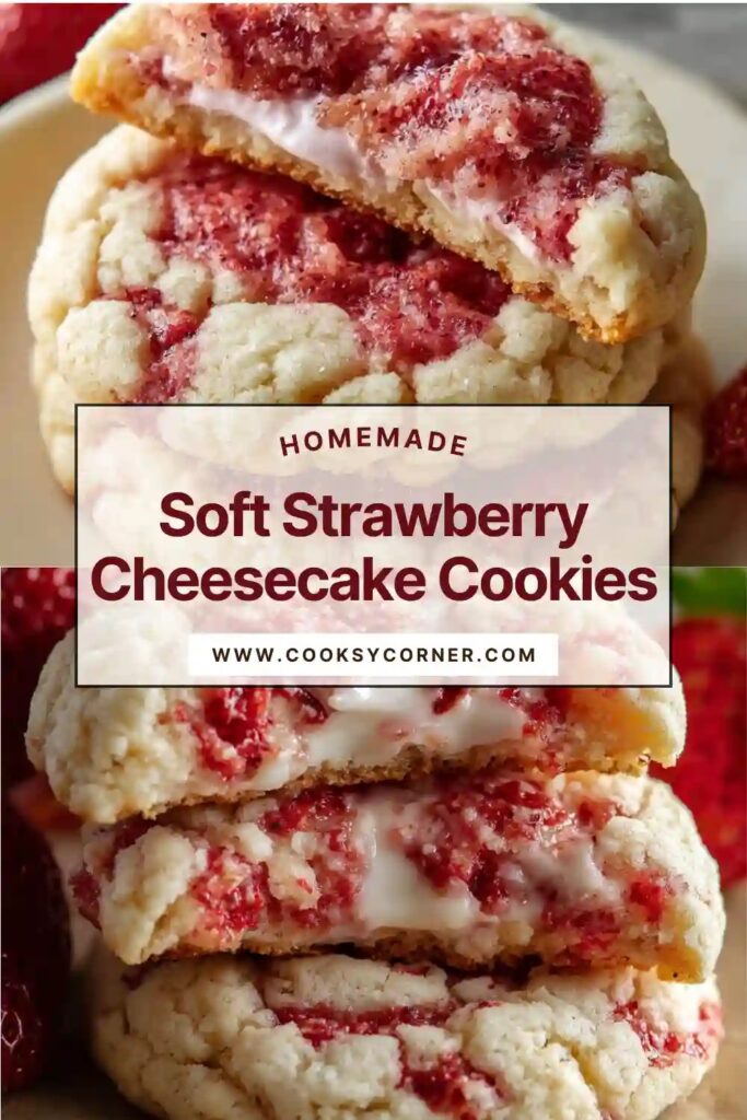 Freshly baked strawberry cheesecake cookies stacked on a cooling rack, soft and rich with real strawberry jam and creamy centers.