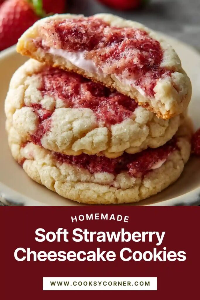 Thick, chewy Soft Strawberry Cheesecake Cookies on a plate, showcasing their soft texture and luscious center — a dream for cookie fans.