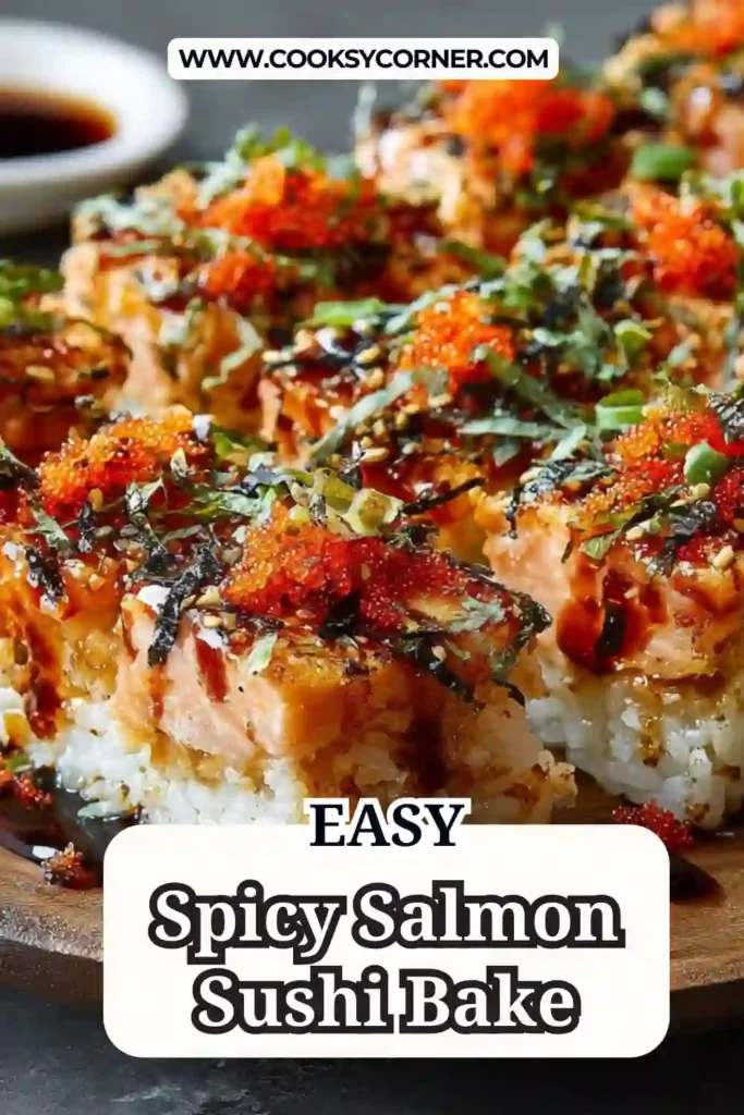 Close-up of a spoon scooping spicy salmon sushi bake showing creamy texture and fluffy rice. This dish is a comforting twist on classic sushi.