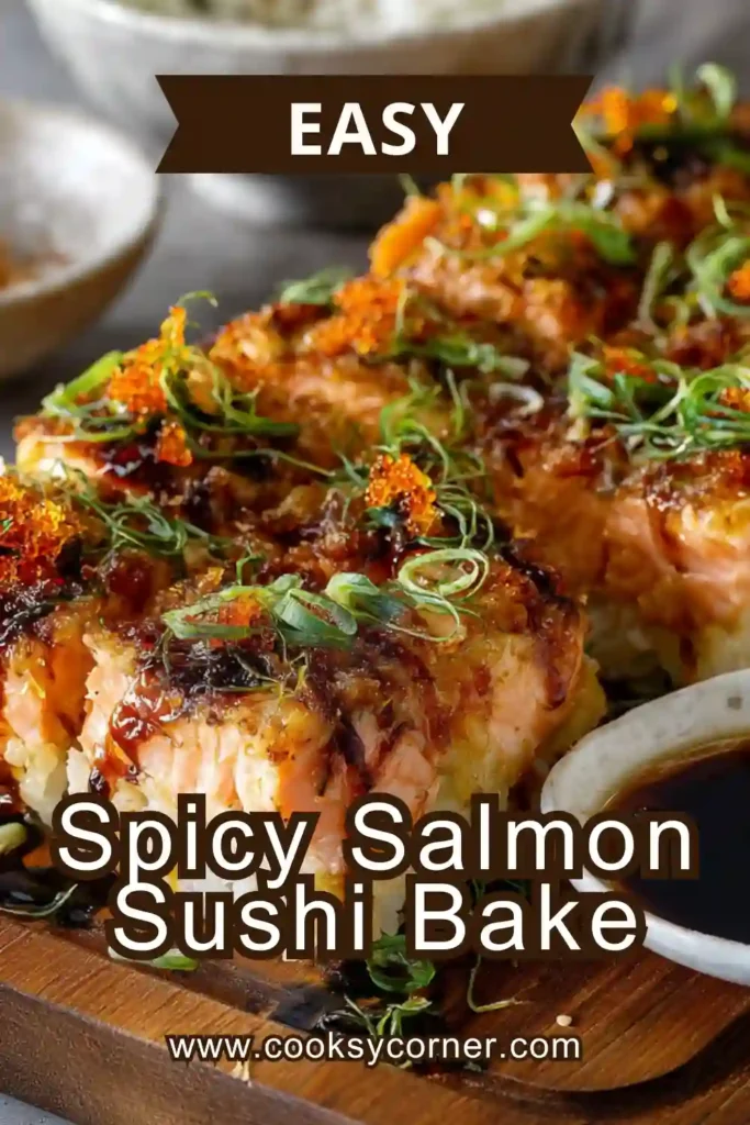 Overhead view of spicy salmon sushi bake made with sushi rice and spicy mayo. The baked sushi dish is garnished with nori strips and green onions.
