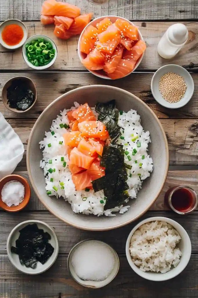 Spicy salmon sushi bake served warm in a baking dish with vibrant toppings. A delicious baked sushi casserole perfect for sharing.