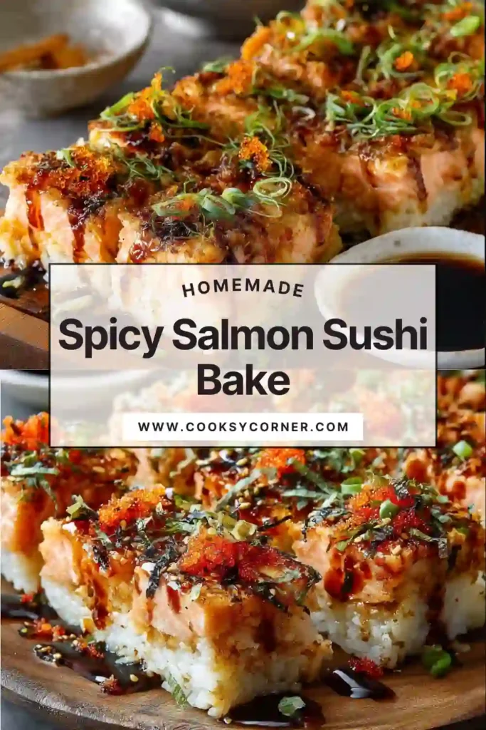 A freshly baked spicy salmon sushi bake with creamy salmon topping and green onion garnish. This sushi-inspired casserole is golden, rich, and ready to serve.