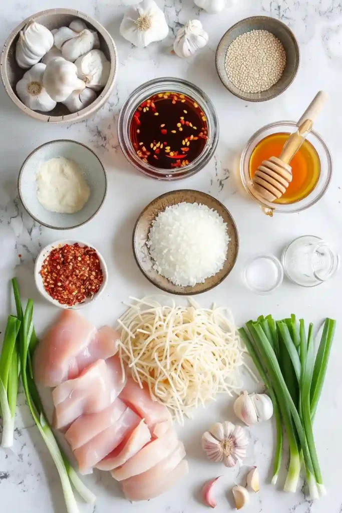 Sticky chicken noodles served hot in a skillet with sesame seeds.