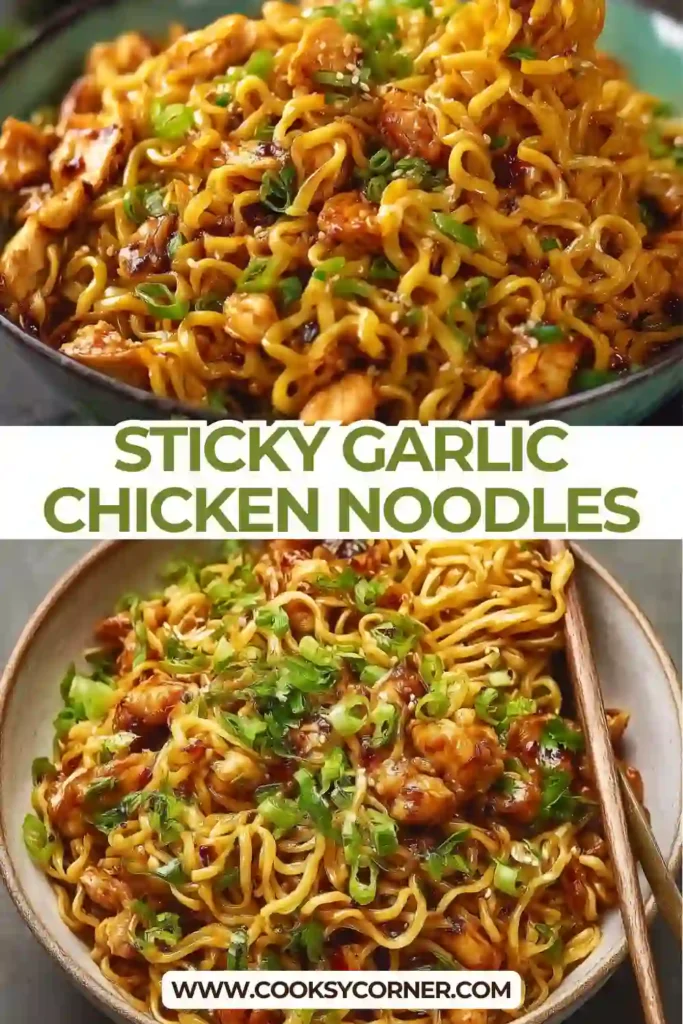 Sticky garlic chicken noodles with tender chicken pieces coated in a glossy honey garlic sauce.