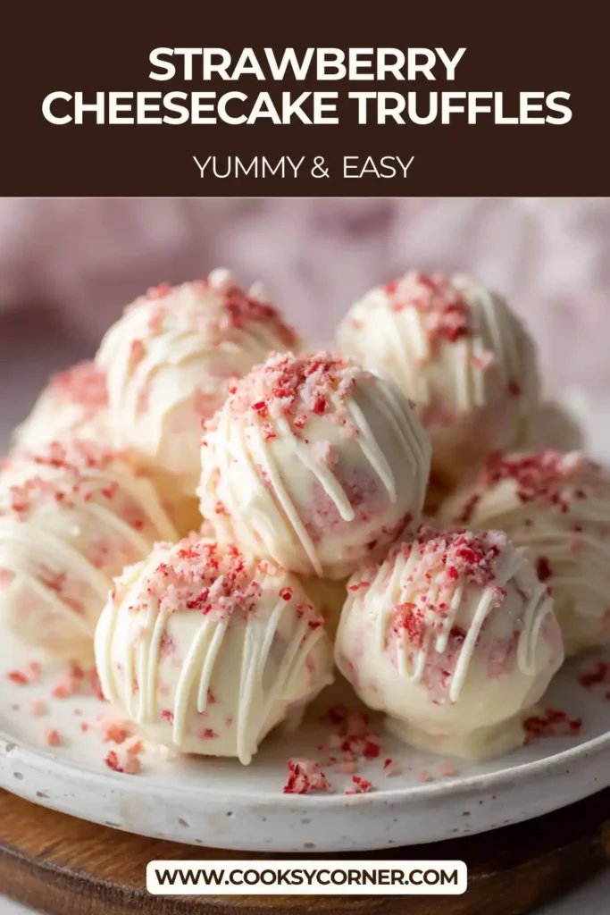 Homemade Strawberry Cheesecake Truffles arranged on a plate. No bake strawberry cheesecake balls with rich texture and bright flavor.