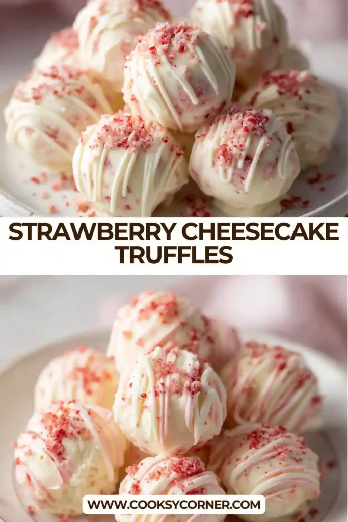 Close-up of Strawberry Cheesecake Truffles with pink strawberry crumb topping. A smooth cream cheese truffle dessert perfect for Valentine’s Day.