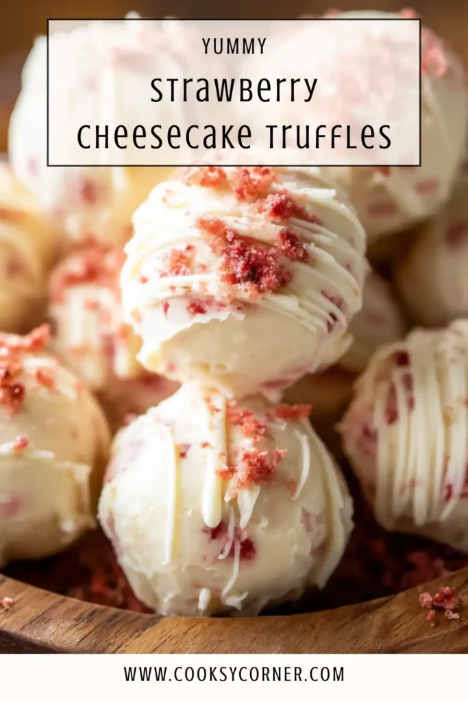 Strawberry Cheesecake Truffles coated in white chocolate on a parchment-lined tray. These no bake strawberry truffles have a creamy cheesecake center.