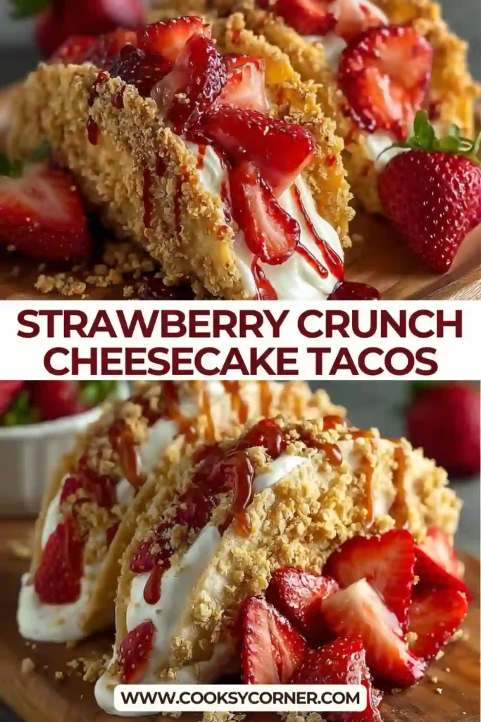 No-bake strawberry cheesecake tacos in crunchy graham cracker shells, styled for dessert presentation.