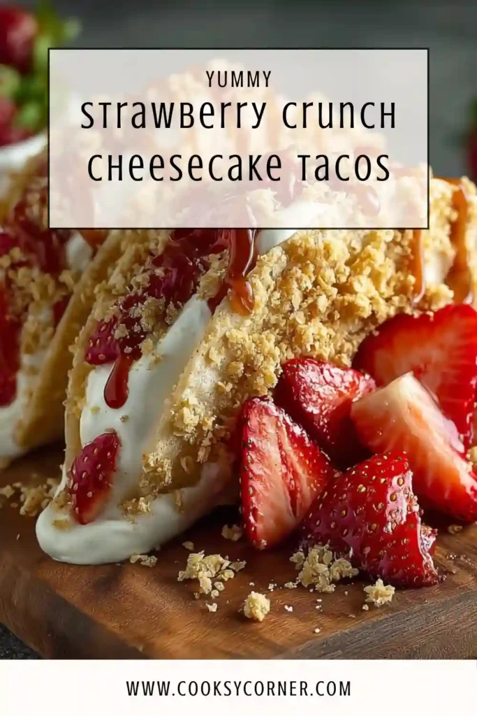 Strawberry Crunch Cheesecake Tacos filled with creamy cheesecake and topped with fresh chopped strawberries.