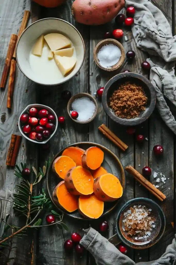 Holiday sweet potato cranberry side dish with bubbling cheese and warm spices.