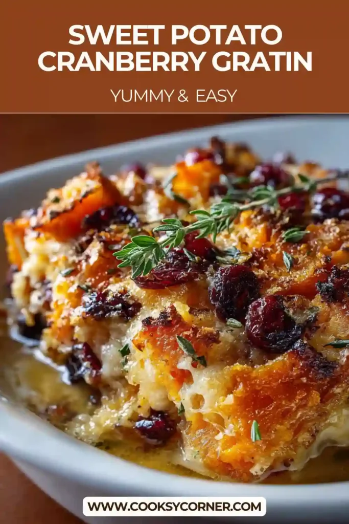 Sweet Potato Cranberry Gratin baked until golden, showing creamy layers and a crisp breadcrumb topping.