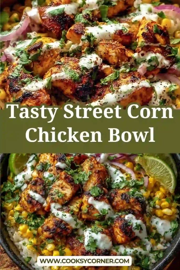 Overhead view of a Tasty Street Corn Chicken Bowl with golden chicken, street corn mixture, and fresh herbs for garnish.