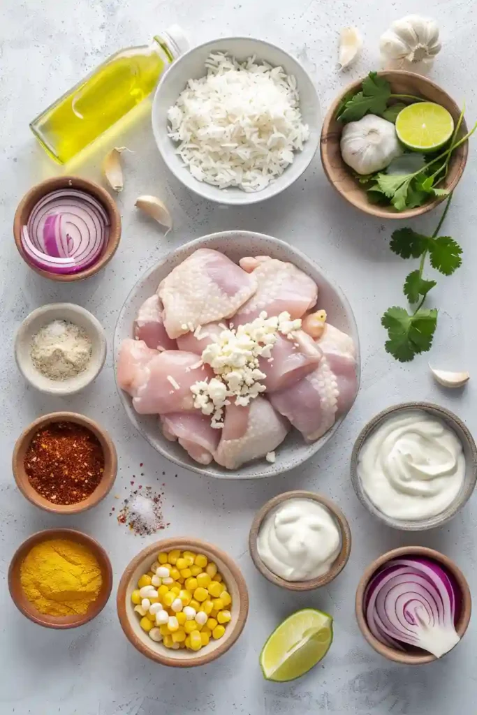Freshly assembled Tasty Street Corn Chicken Bowl served warm with rice, chicken, and creamy corn topping.