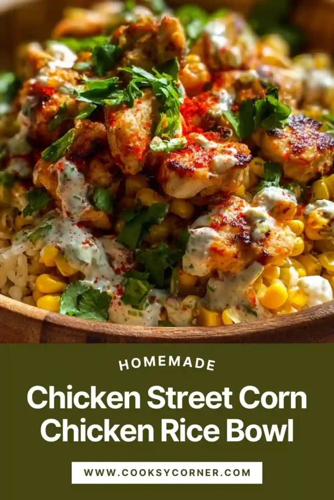 Overhead view of a Chicken Street Corn Chicken Rice Bowl featuring juicy chicken, roasted corn, and fluffy rice for meal prep lunch.