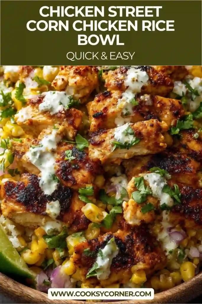 Close-up of a street corn chicken bowl with creamy corn topping, seasoned chicken, and jasmine rice.