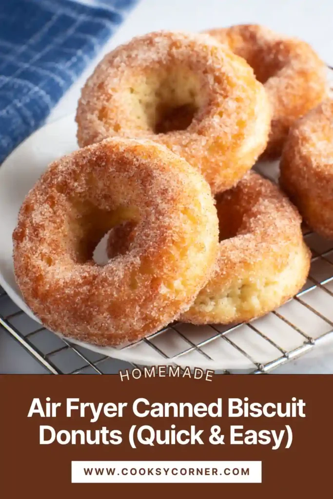 Golden air fryer biscuit donuts dipped in butter and spiced sugar.