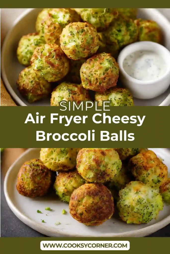 Air Fryer Cheesy Broccoli Balls served with dipping sauce.