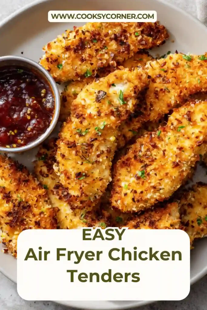 Golden breaded chicken tenders cooked in an air fryer basket.