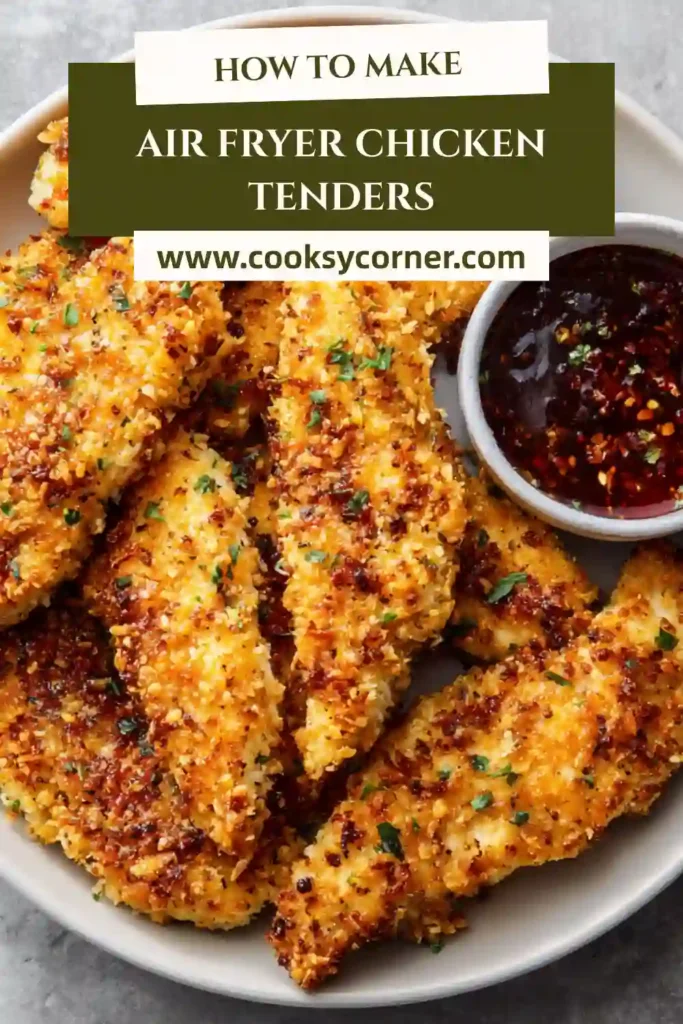 Crispy air fryer chicken tenders served with lemon wedges on a plate.