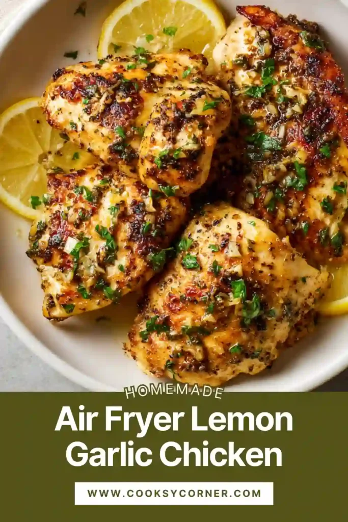 Close-up of sliced lemon garlic chicken breast cooked in the air fryer, tender and perfectly seasoned.