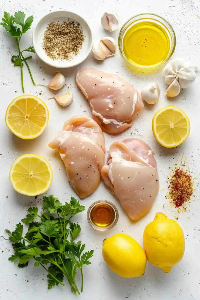 Healthy air fryer lemon garlic chicken served with lemon zest garnish and fresh herbs.