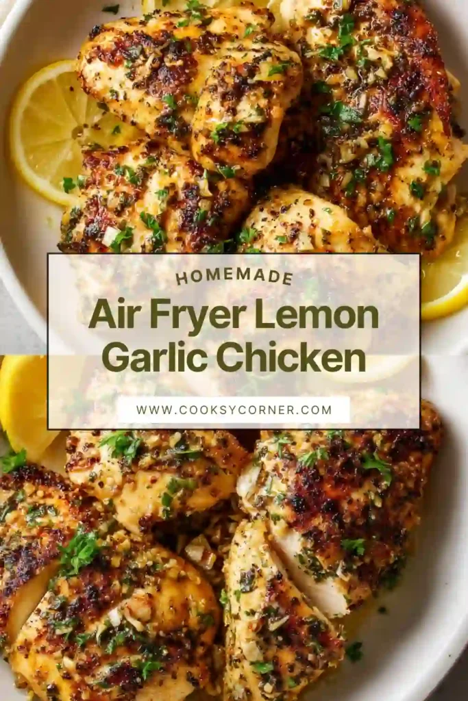 Air Fryer Lemon Garlic Chicken resting on a plate after cooking, showing moist texture and lemon garlic seasoning.