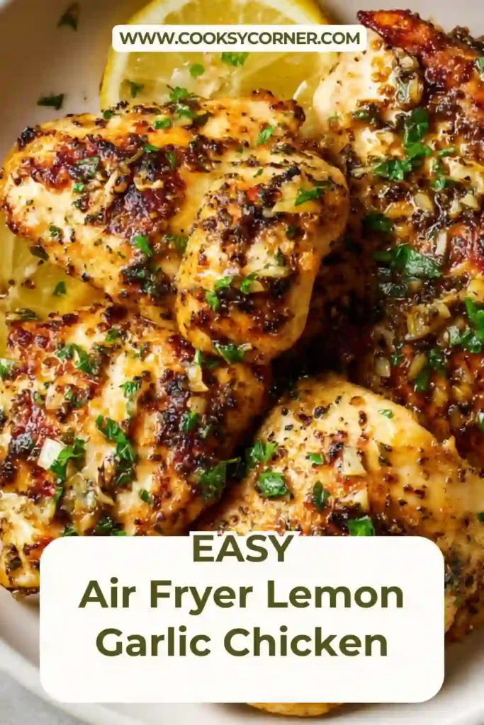 Juicy air fryer lemon garlic chicken breast cooked until golden and served with fresh parsley and lemon wedges.