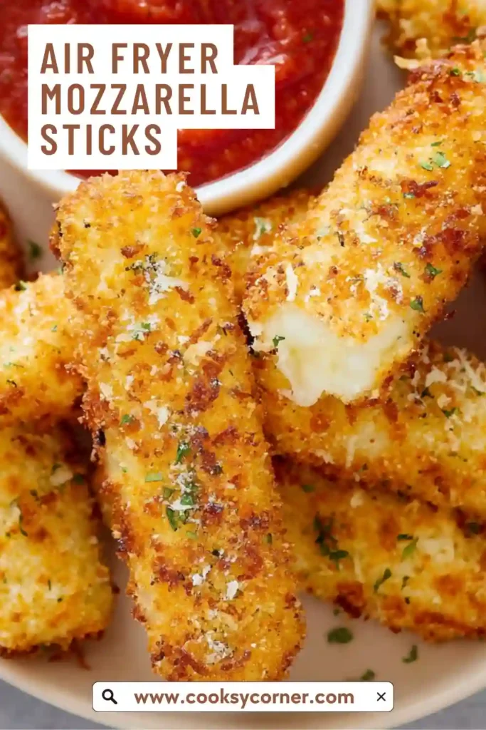 Homemade mozzarella sticks cooked in the air fryer and arranged on a plate, ready to serve.