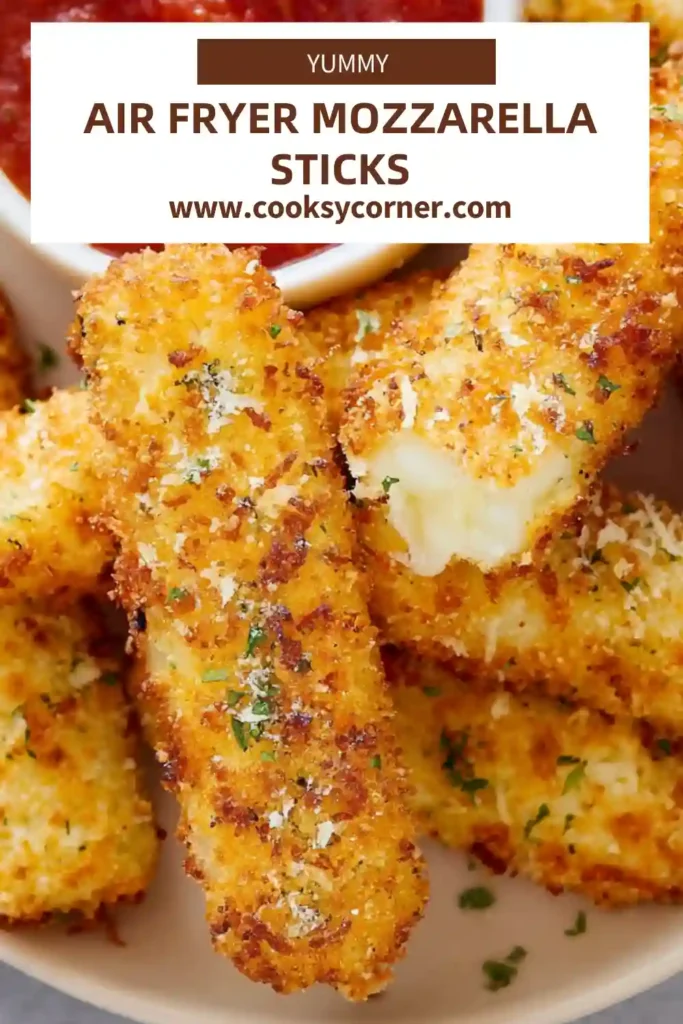 Air Fryer Mozzarella Sticks served hot with a crispy golden coating and melted cheese center. The sticks are freshly cooked and crunchy.