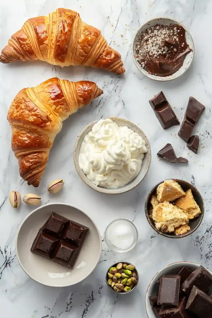 Stuffed croissants filled with pistachio kataifi cream and coated in melted chocolate, photographed from above.