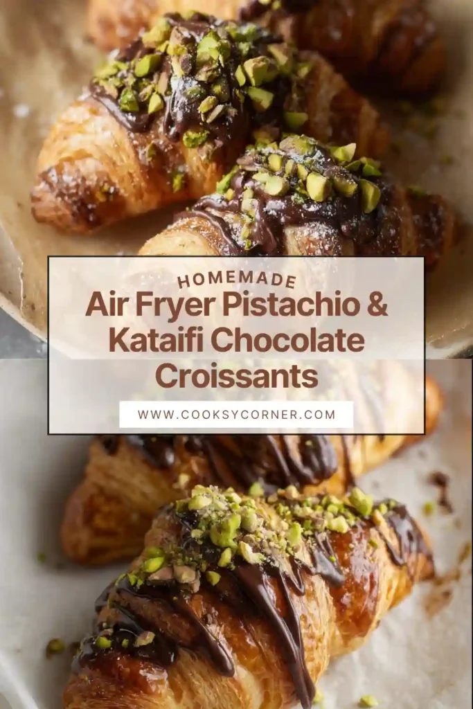 Chocolate-drizzled pistachio kataifi croissants fresh from the air fryer, showing golden pastry and rich nutty filling.