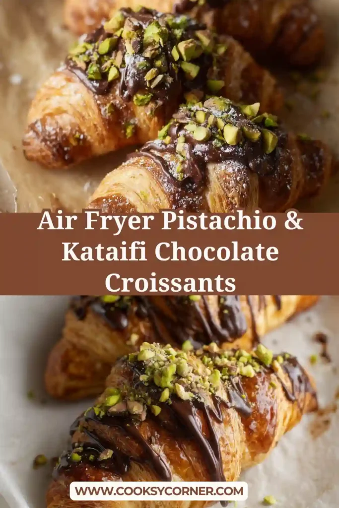 Air fryer pistachio kataifi croissants topped with melted chocolate and chopped pistachios, served on a plate with crisp flaky layers visible.