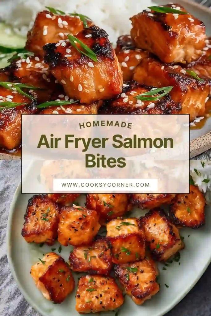 Close-up of salmon bites with sesame seeds and green onions.