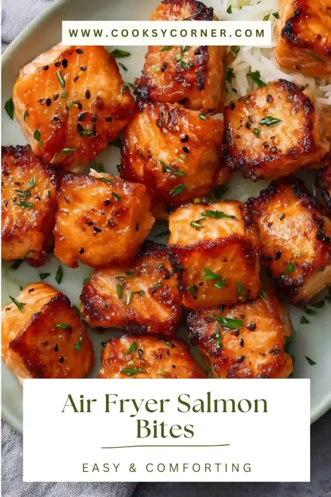 Air fryer salmon bites cooked until tender and glazed with sweet soy marinade.