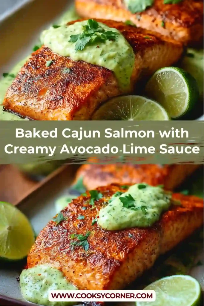 Oven-baked Cajun salmon with vibrant green avocado sauce and flaky texture.