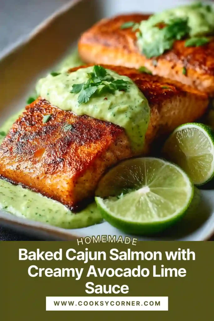 Spicy Cajun baked salmon served with smooth avocado lime sauce and lime wedges.