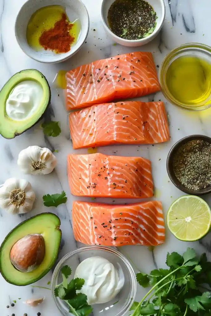 Healthy baked Cajun salmon recipe garnished with cilantro and creamy avocado sauce.