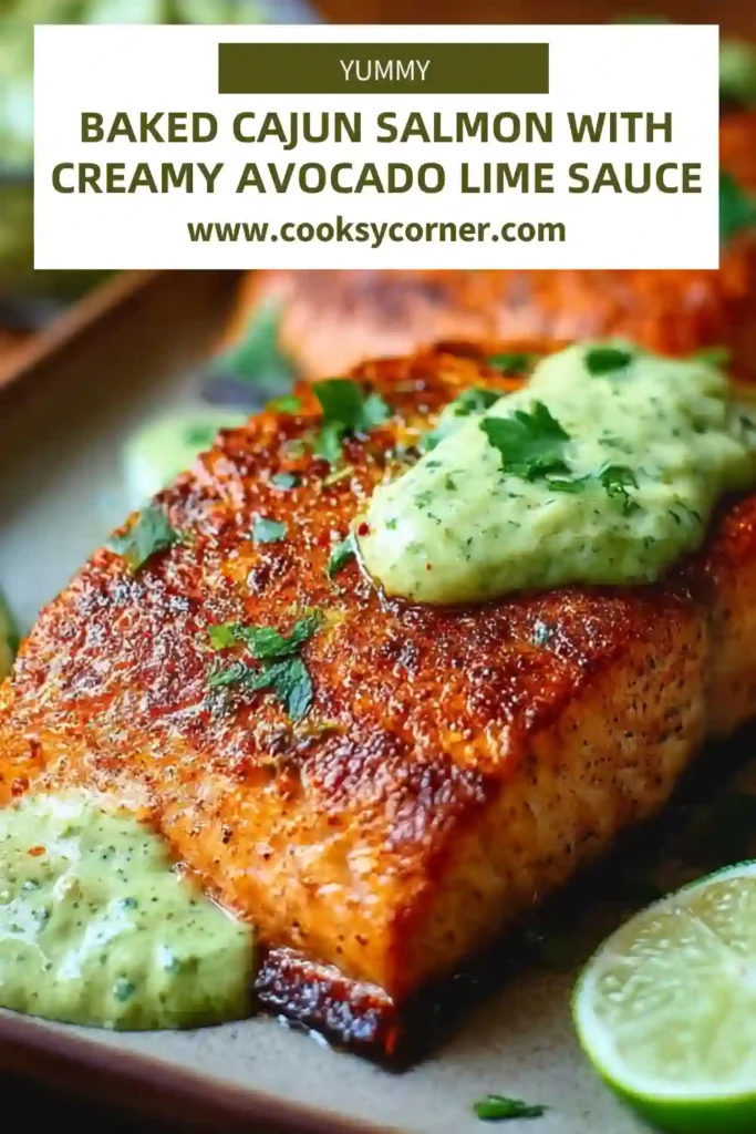 Baked Cajun salmon fillet topped with creamy avocado lime sauce and fresh cilantro on a plate.